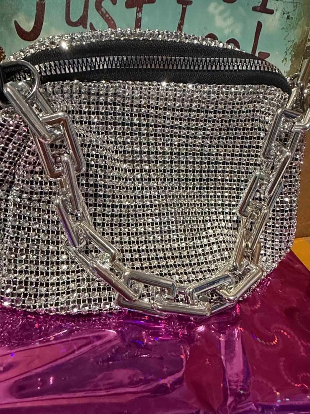 Mini Silver Rhinestone Chain Bucket Bag -Cross Body New - Picture 3 of 5